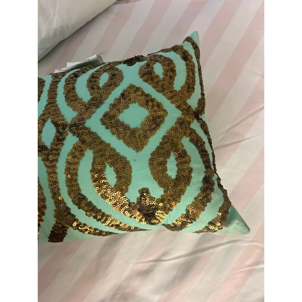 Pillow Xhilaration Blue Gold Sequin 13x18